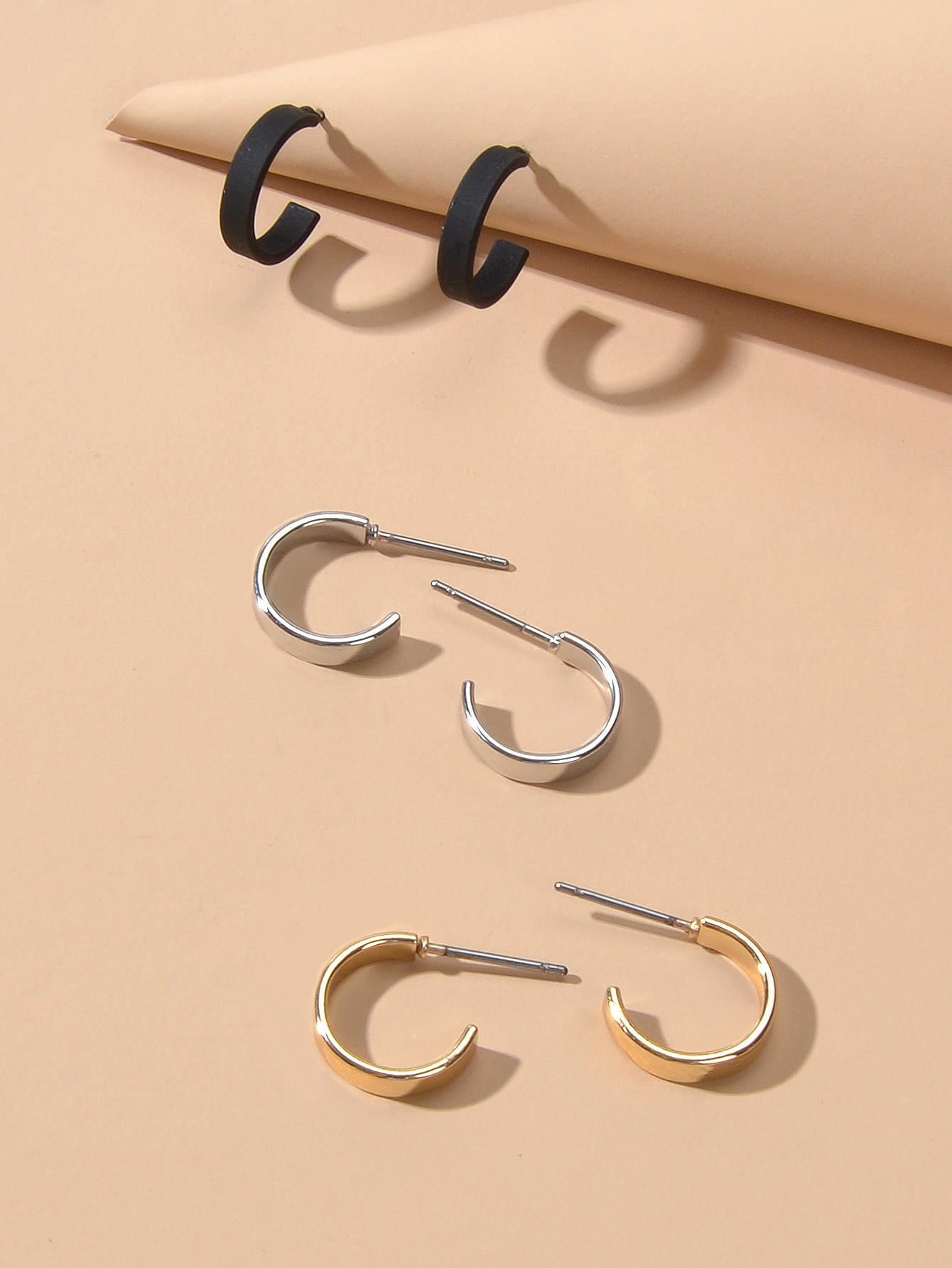 3 pairs Gold Silver Black Cute Hoop Stud Earrings Set Punk C-Shape Jewellery