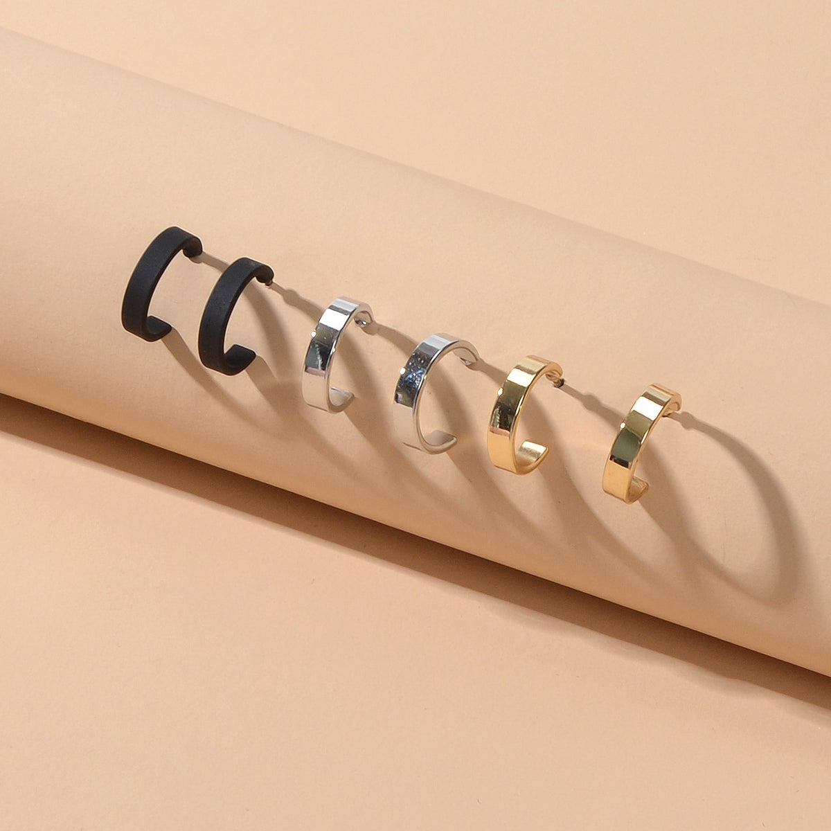 3 pairs Gold Silver Black Cute Hoop Stud Earrings Set Punk C-Shape Jewellery